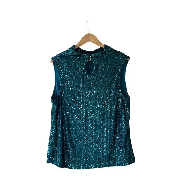 NWT Cable & Gauge Teal Sequin Mock-Neck Top | Sleeveless Blouse | Size M - Picture 5 of 12
